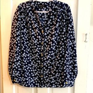 Jones New York Floral Button-Up Blouse - Navy and White